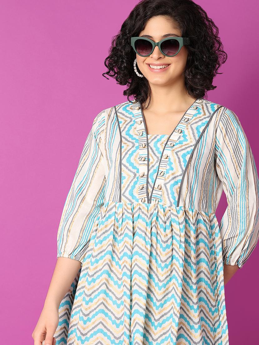 blue printed fit & flare dress - 21226925 - Standard Image - 4