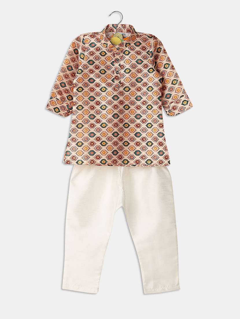boys mandarin neck printed kurta pyjama set 