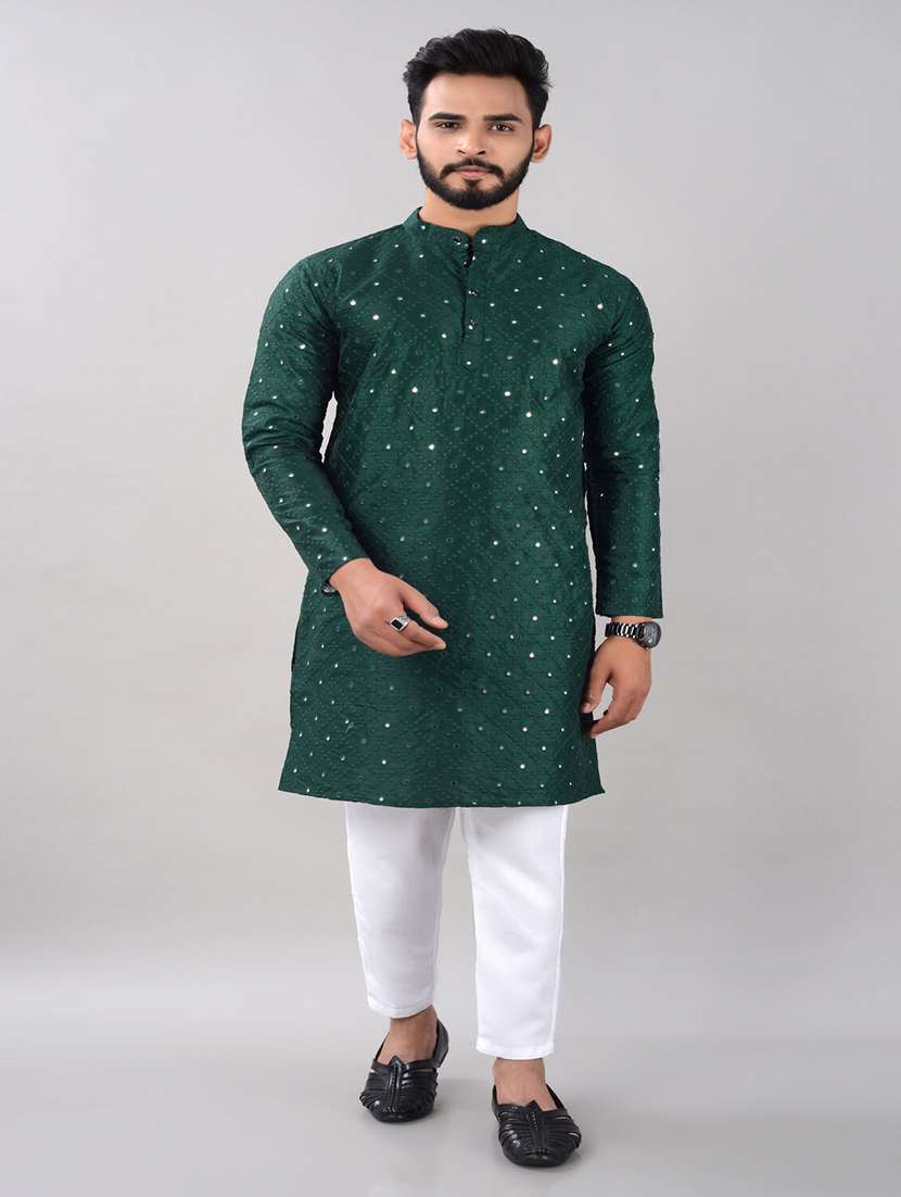men sequined work mandrain neck kurta