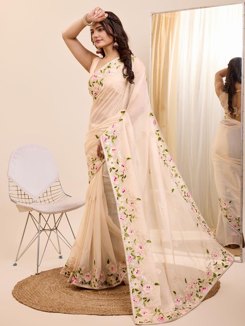 cream organza embroidered saree - 21227188 -  Standard Image - 1