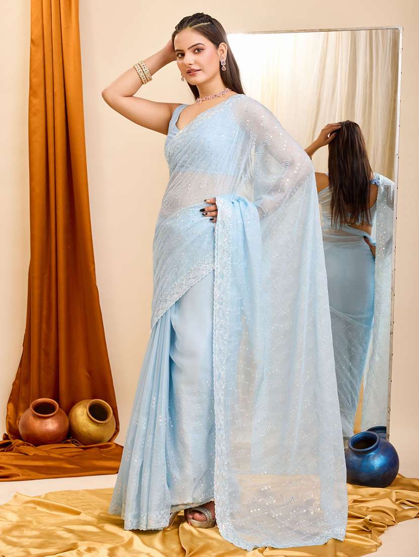 light blue organza embroidered saree with blouse - 21227224 -  Standard Image - 1