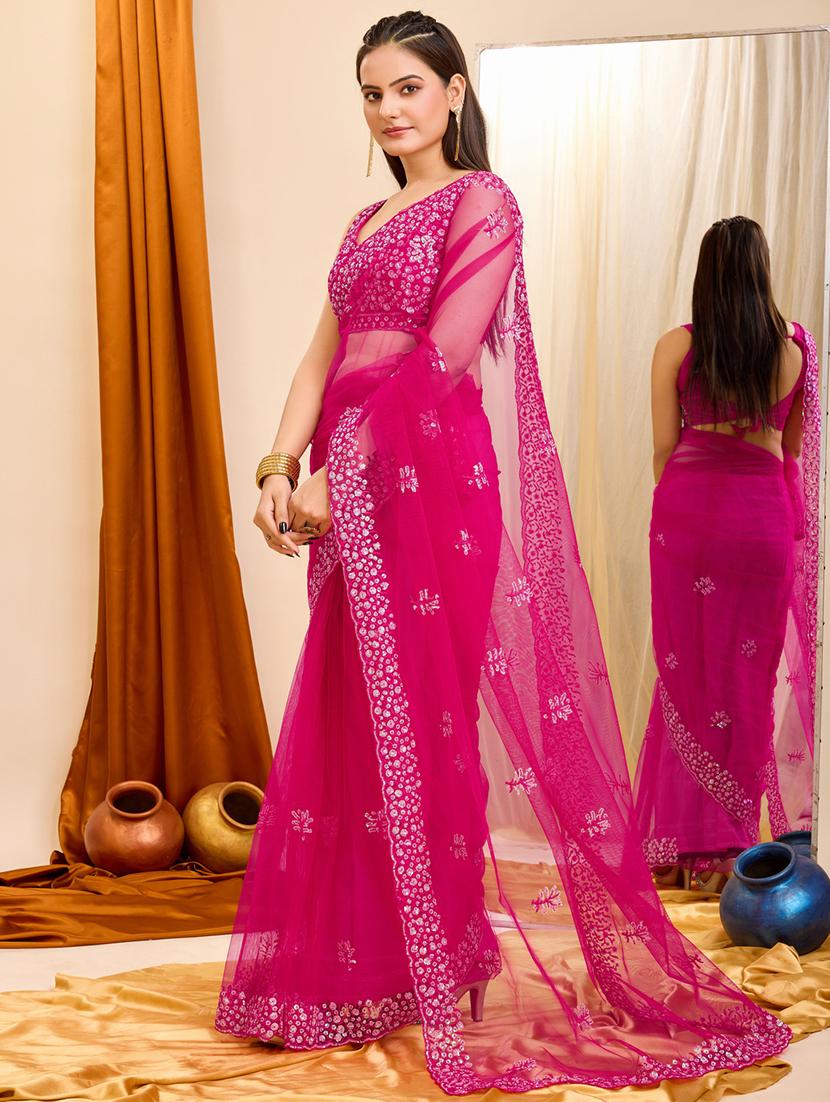 pink net embroidered saree - 21227227 - Standard Image - 1