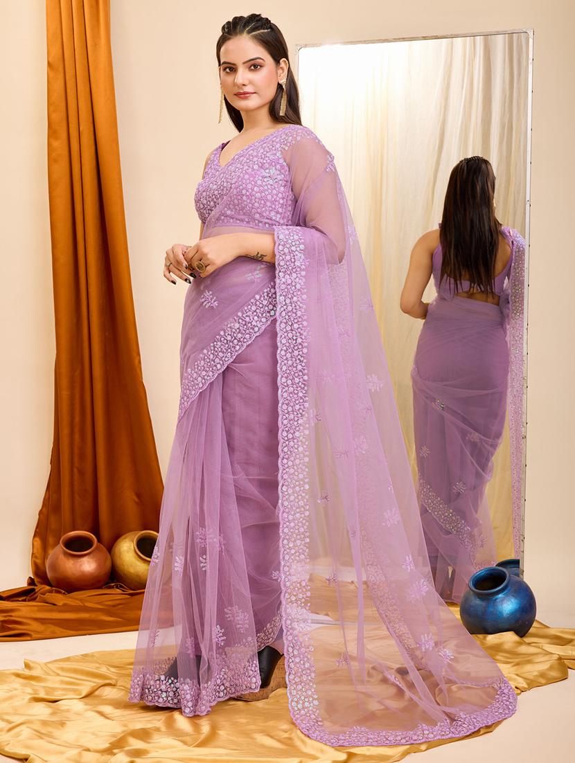 lavender net embroidered saree - 21227229 - Standard Image - 1