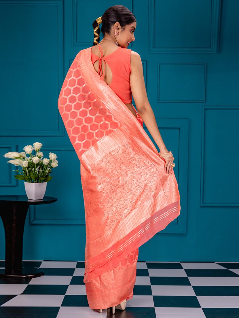 coral banarasi saree with blouse - 21227598 - Standard Image - 1