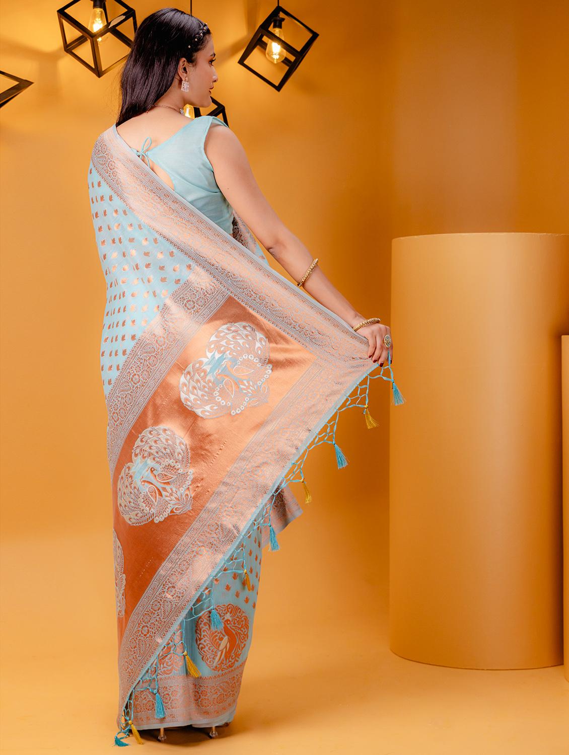 light blue banarasi saree with blouse - 21227671 - Standard Image - 1