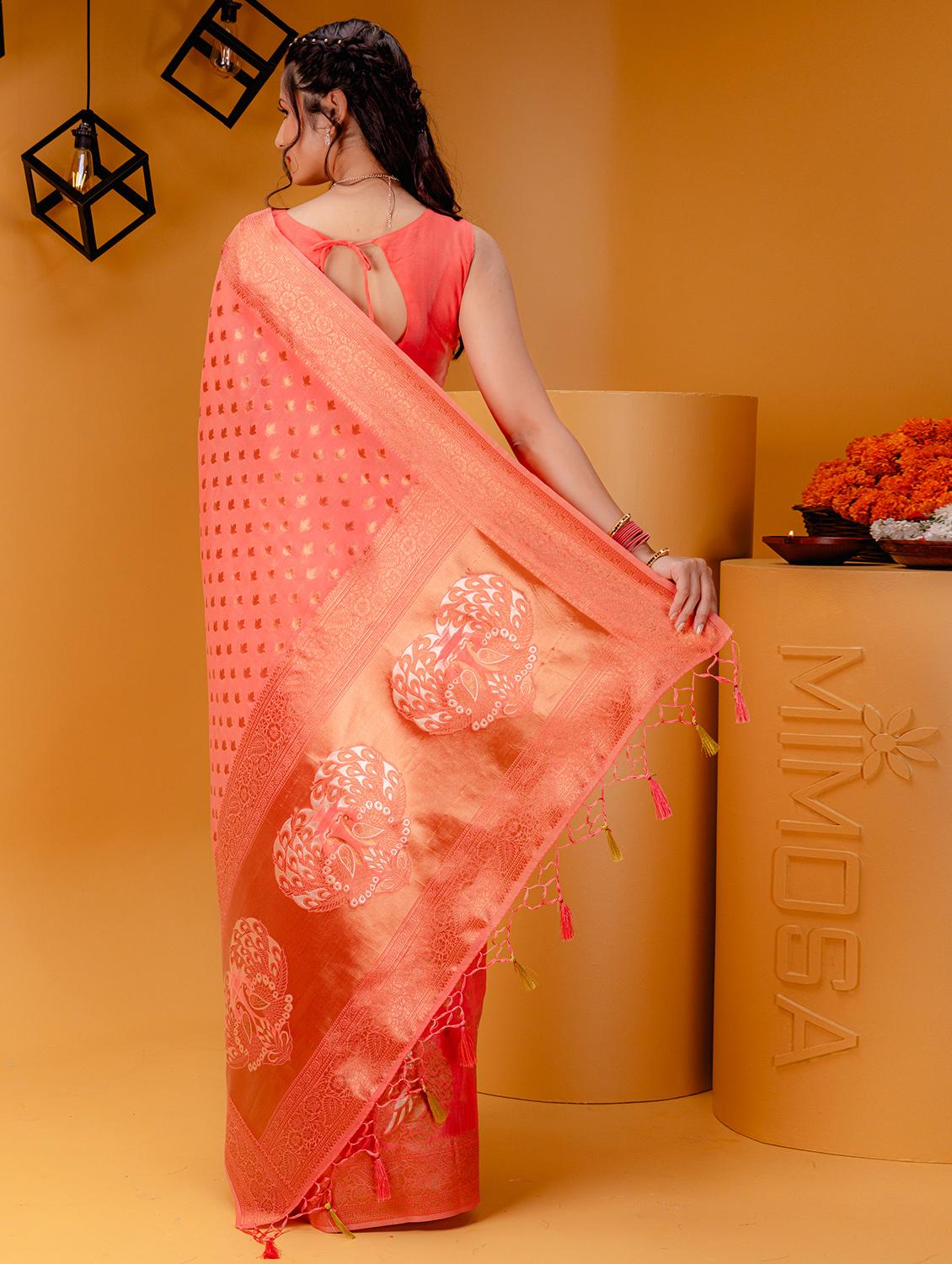 coral banarasi saree with blouse - 21227673 - Standard Image - 1