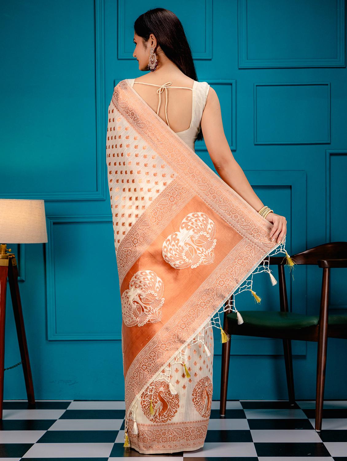 off white art silk banarasi saree with blouse - 21227674 -  Standard Image - 1