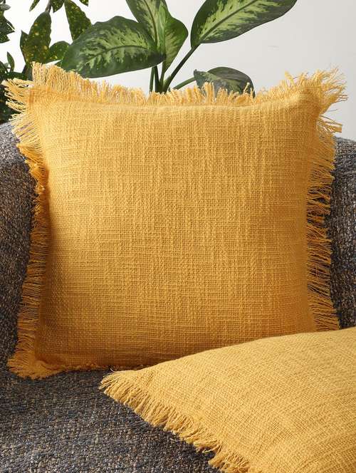 yellow fringe textured cotton cushion cover - 21228921 - Standard Image - 0