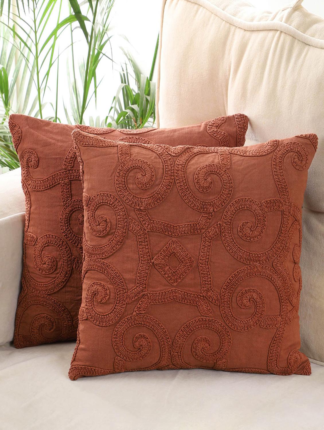 brown dori work fabric cotton cushion cover 