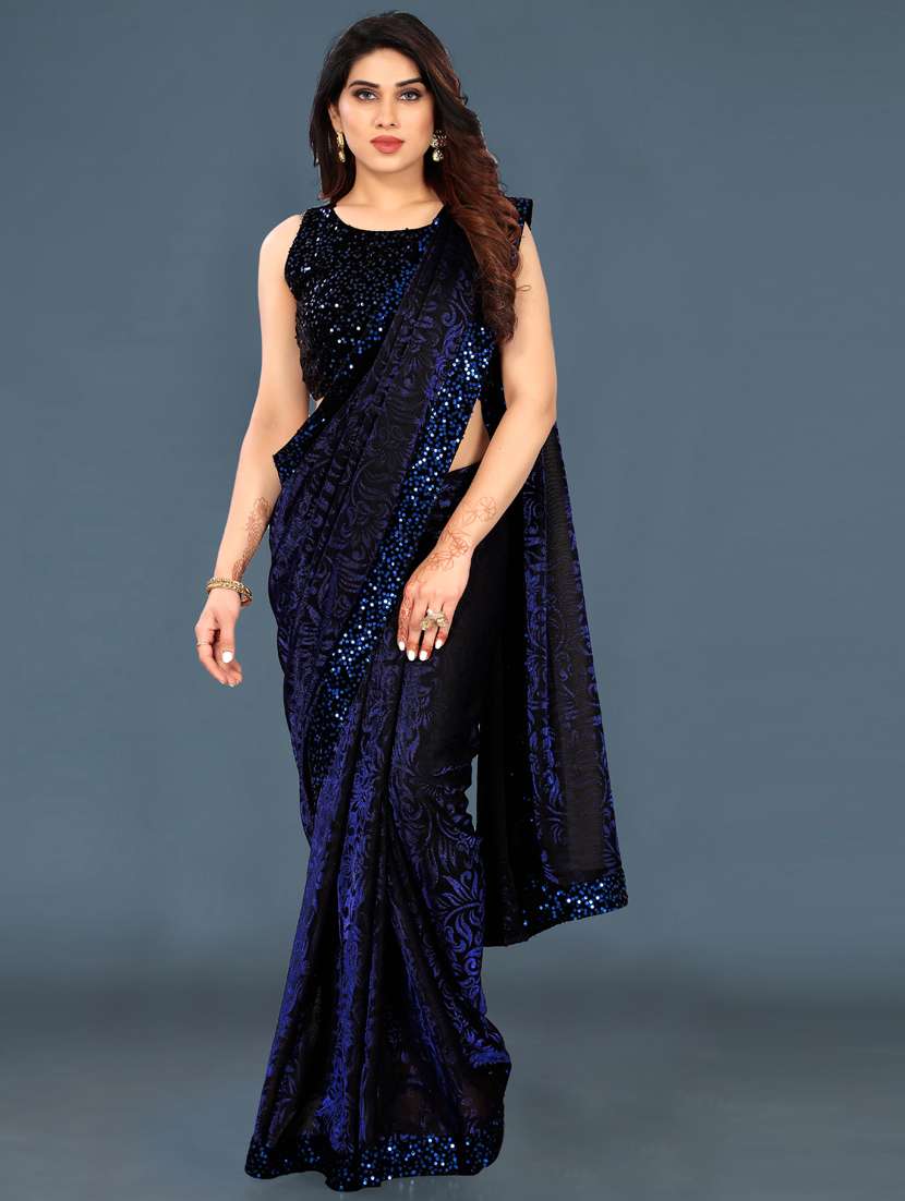 women navy blue bordered saree with blouse