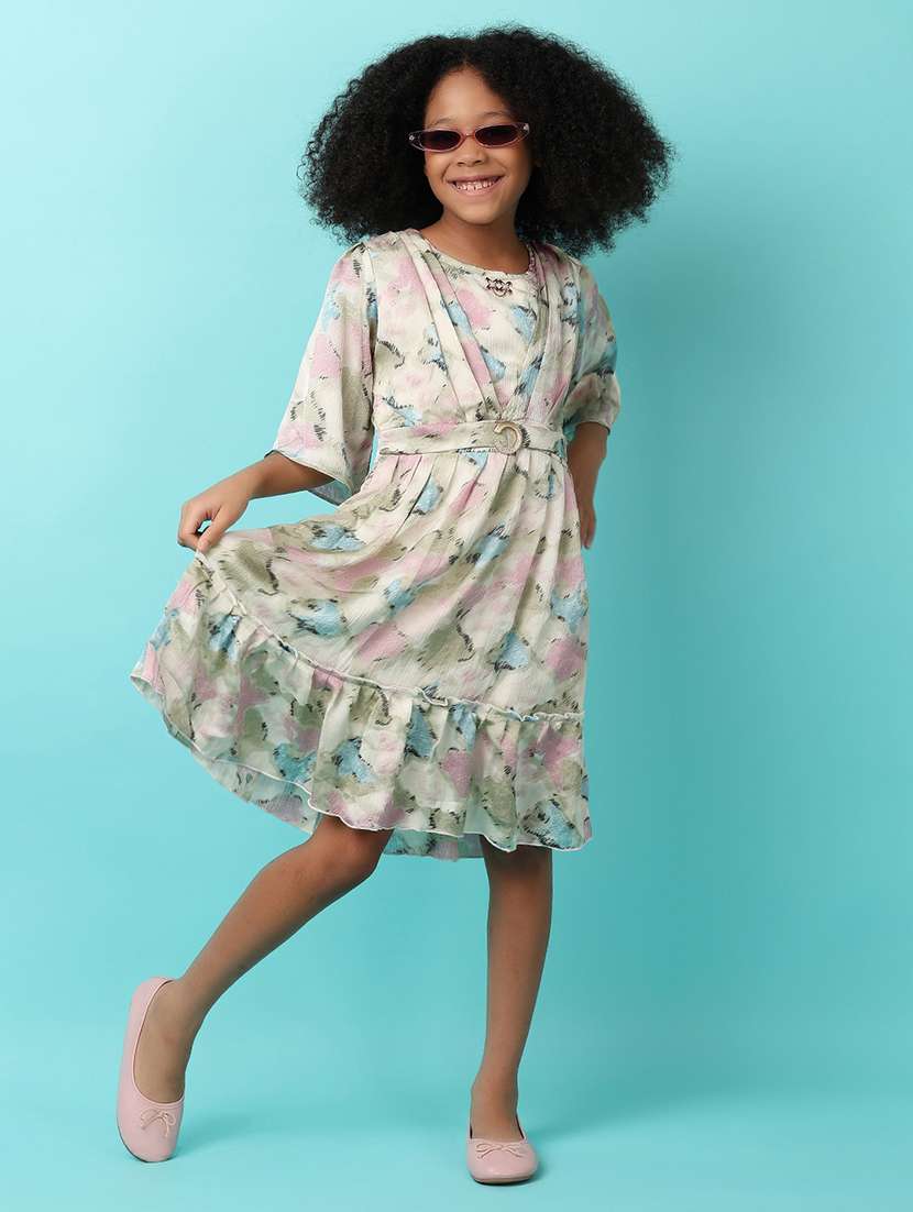 girls printed round neck tiered dress - 21230235 -  Standard Image - 1