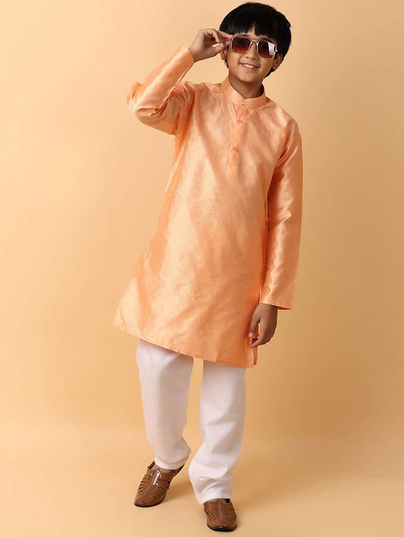 boys peach solid kurta set - 21230243 -  Standard Image - 1