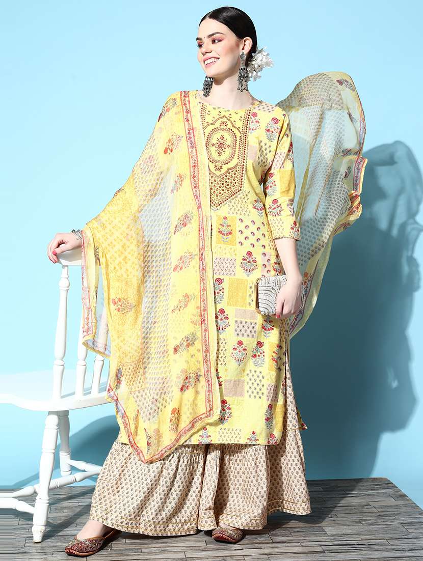 Women Yellow Kurta Sharara Set With Dupatta
