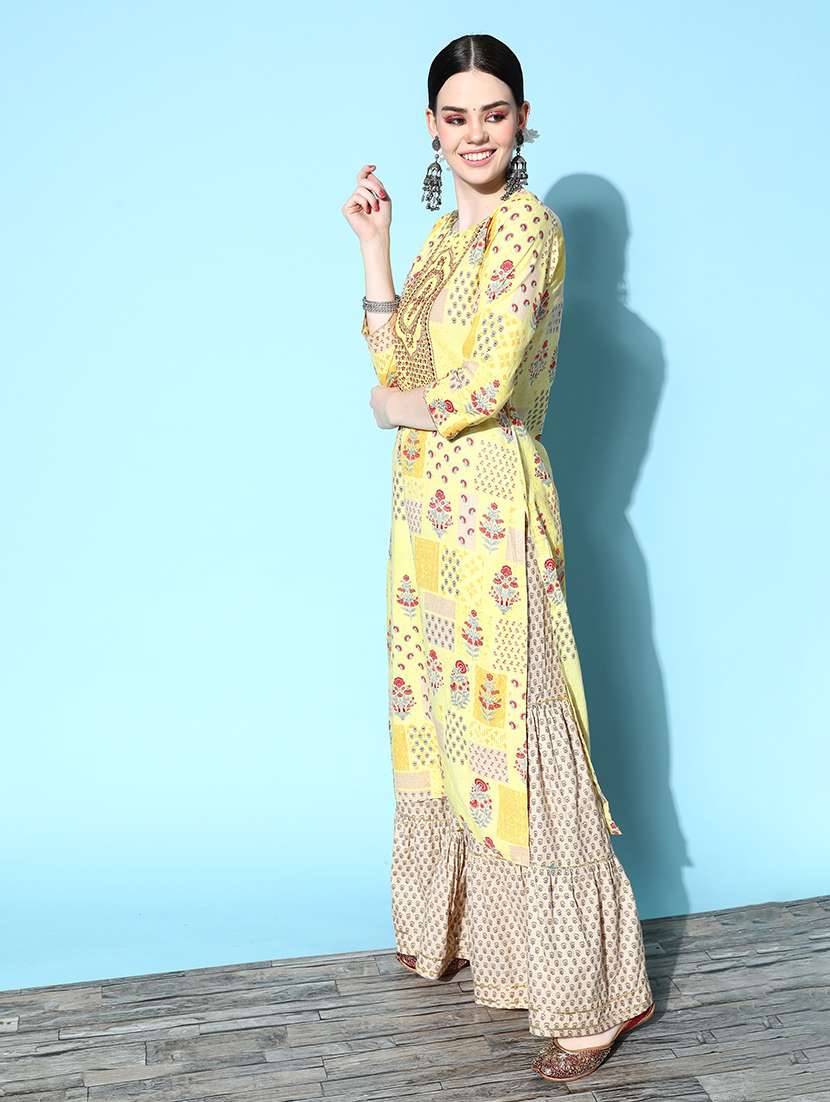 Women Yellow Kurta Sharara Set With Dupatta