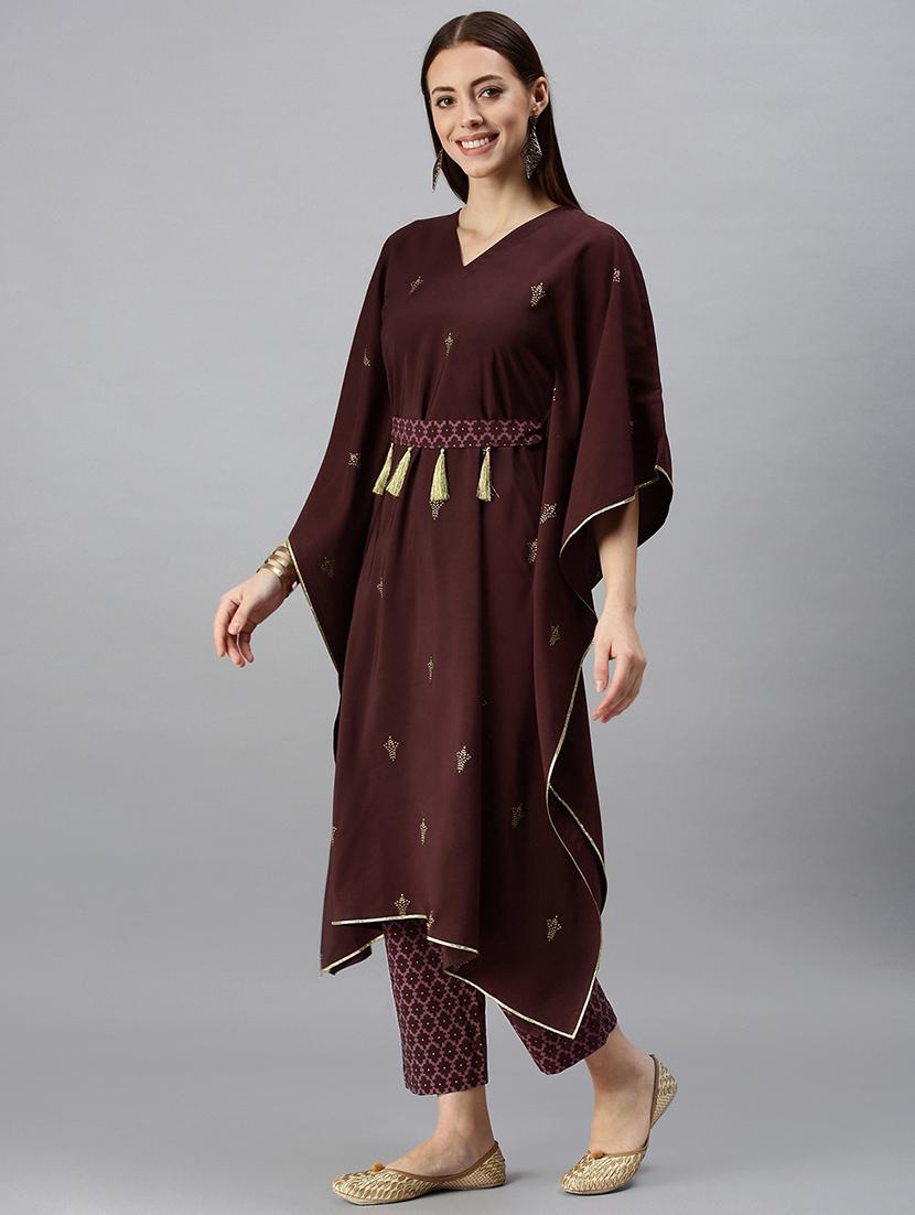 women maroon v neck kaftan set - 21230403 - Standard Image - 1
