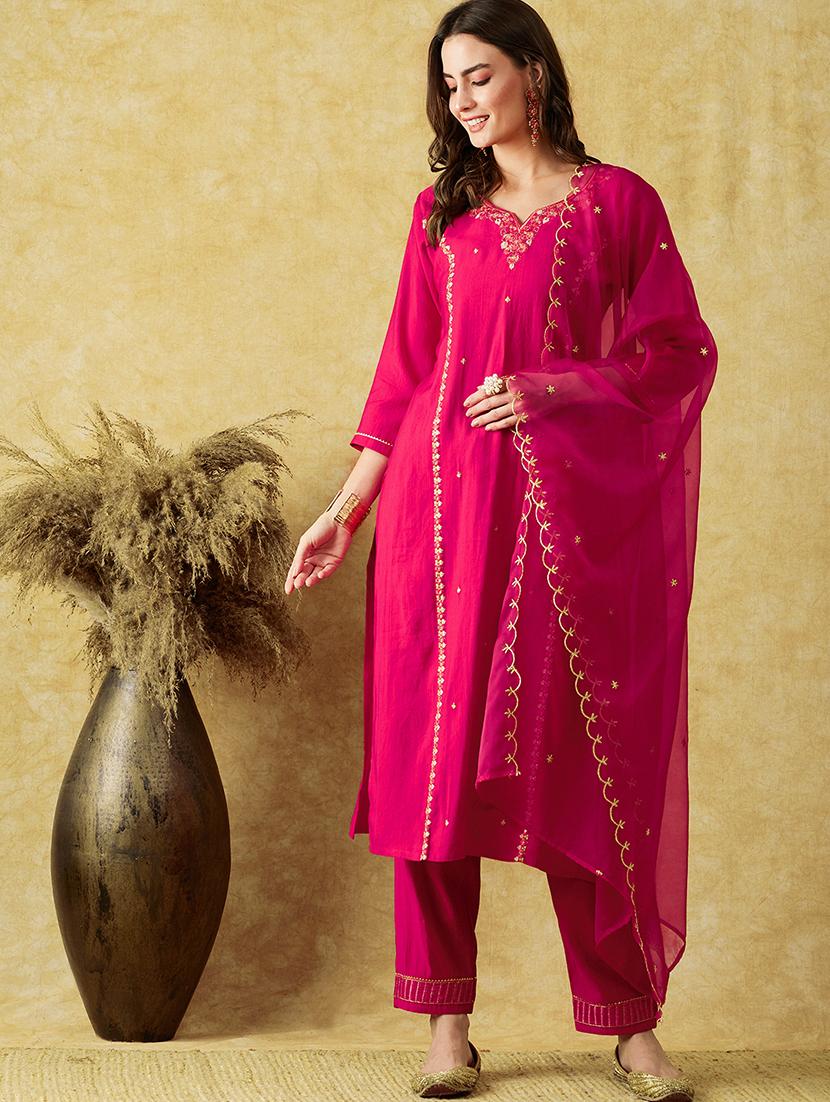 women three quarter sleeve kurta pant with dupatta set