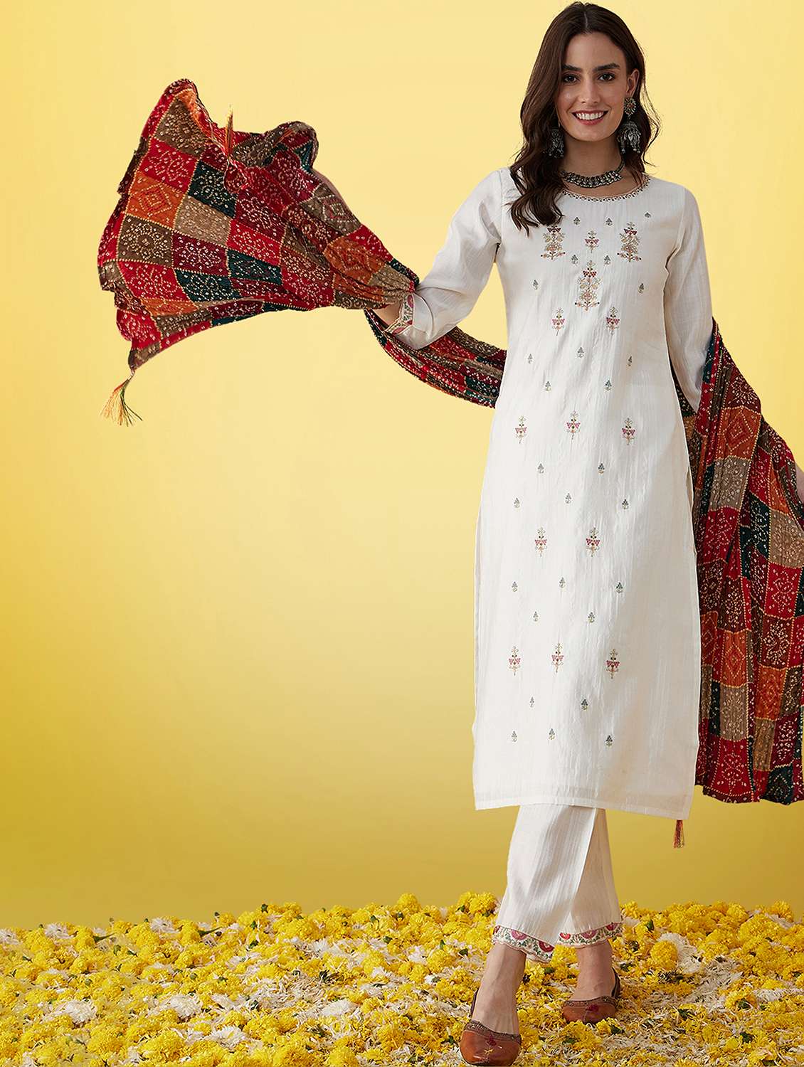 women three quarter sleeve kurta pant with dupatta set
