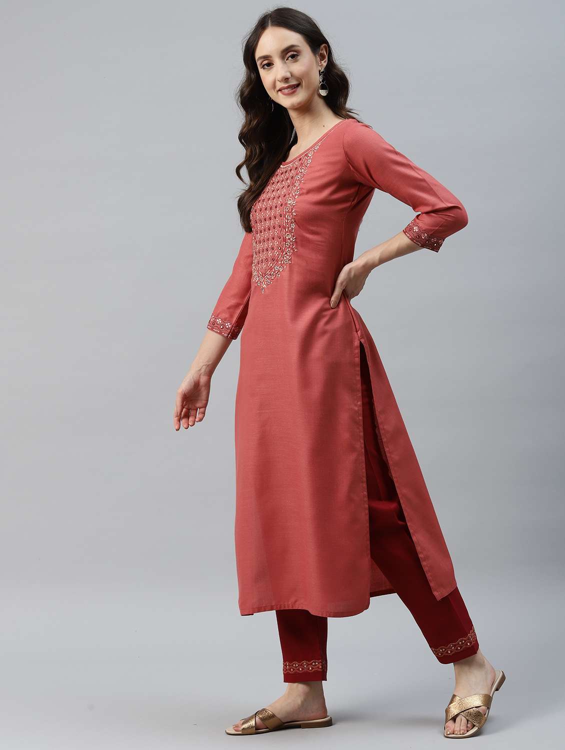 women round neck kurta pant set - 21230822 - Standard Image - 1