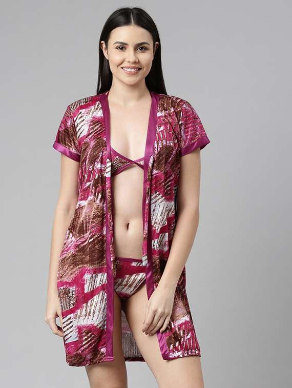 women 3 piece printed satin night set - 21231447 -  Standard Image - 1