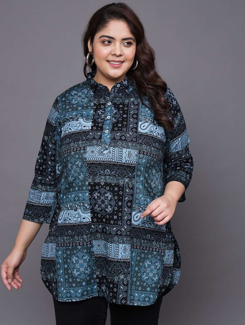 women teal printed straight kurti