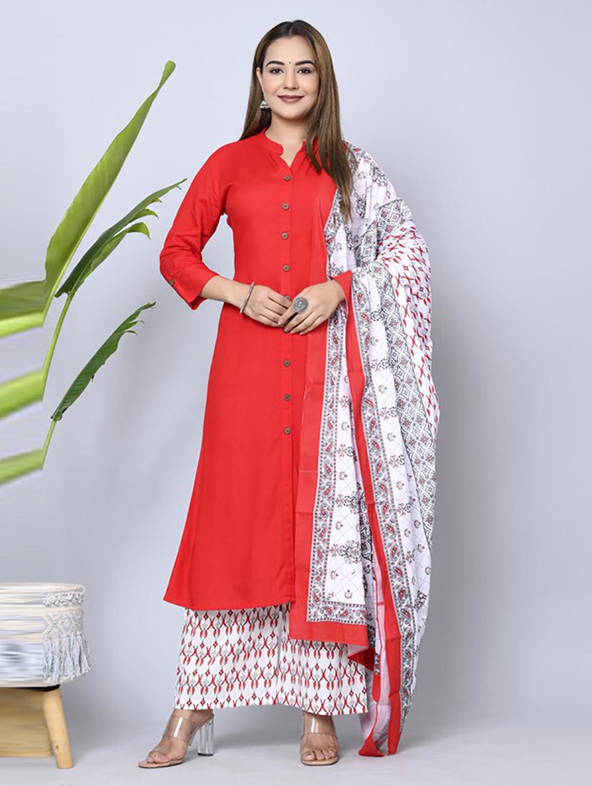 red solid kurta palazzo set - 21232127 -  Standard Image - 1