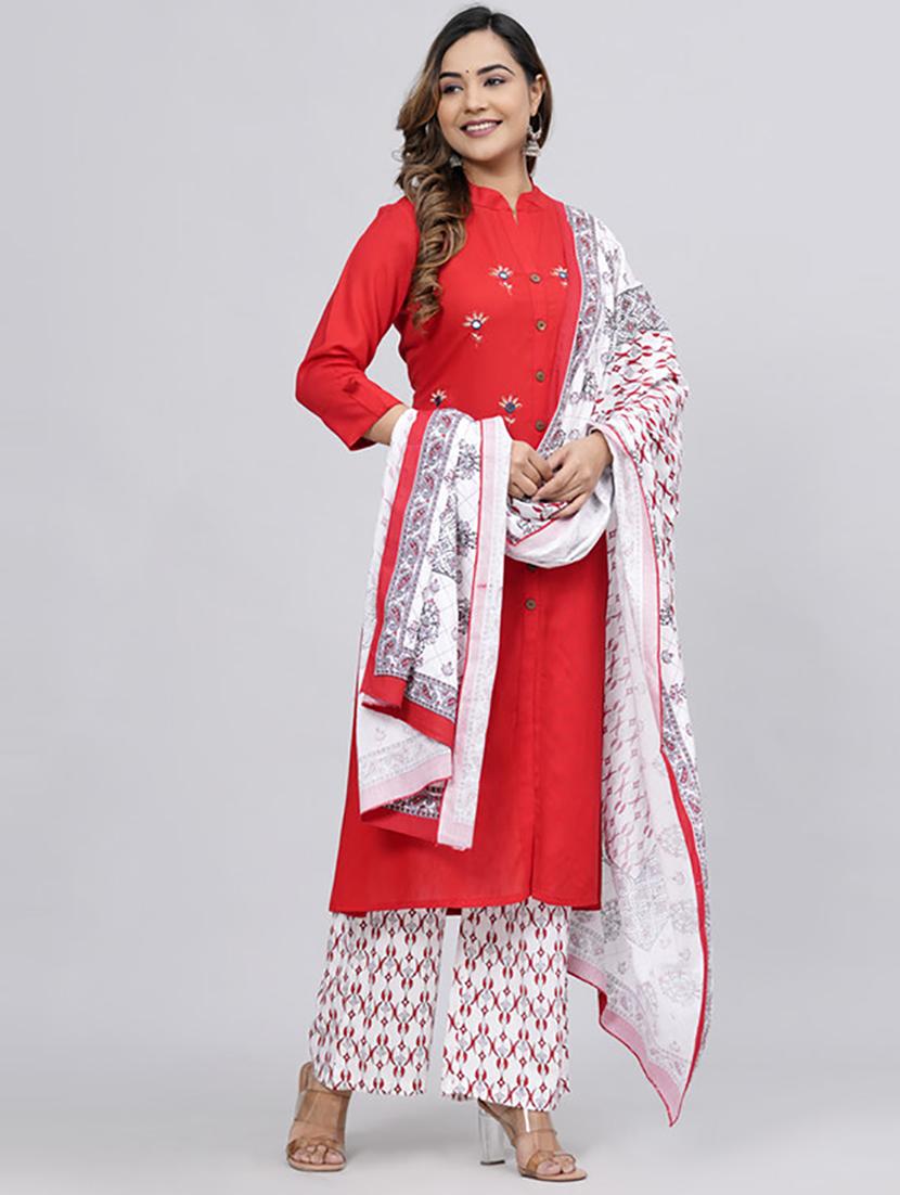 red embellished kurta palazzo set - 21232193 - Standard Image - 1