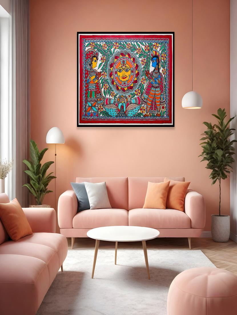 handmade madhubani painting: sun and tree vibrant mithila art - 21233150 - Zoom Image - 0