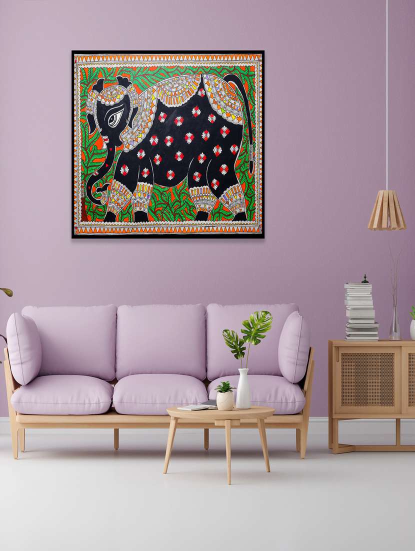 elephants in colourful traditional wear  madhubani painting 