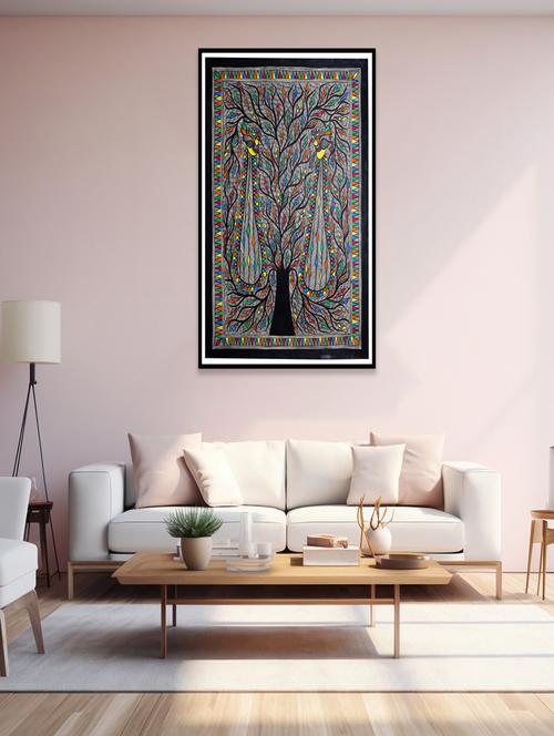 madhubani handmade wall hanging painting of auspicious peacock on tree - 21233160 - Standard Image - 0