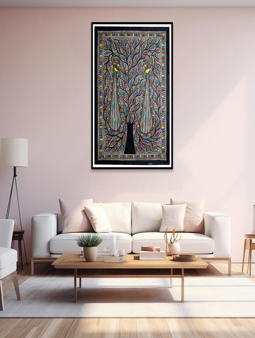 madhubani handmade wall hanging painting of auspicious peacock on tree 