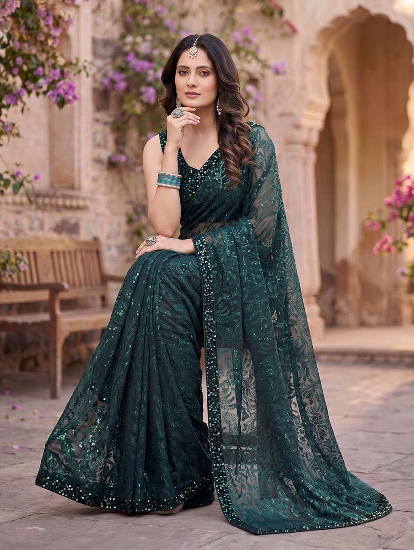 Bottle Green Bordered Saree With Blouse - 21233502 -  Standard Image - 4