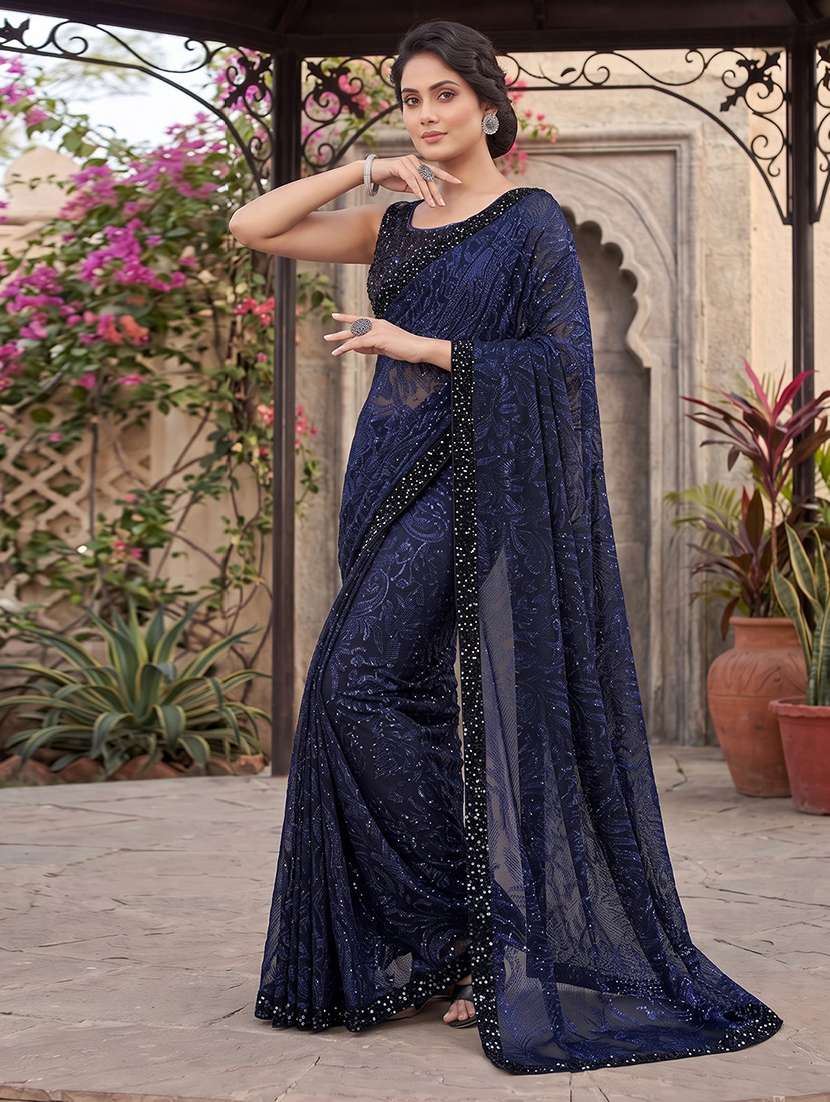 Women Navy Blue Bordered Saree With Blouse - 21233503 -  Standard Image - 4