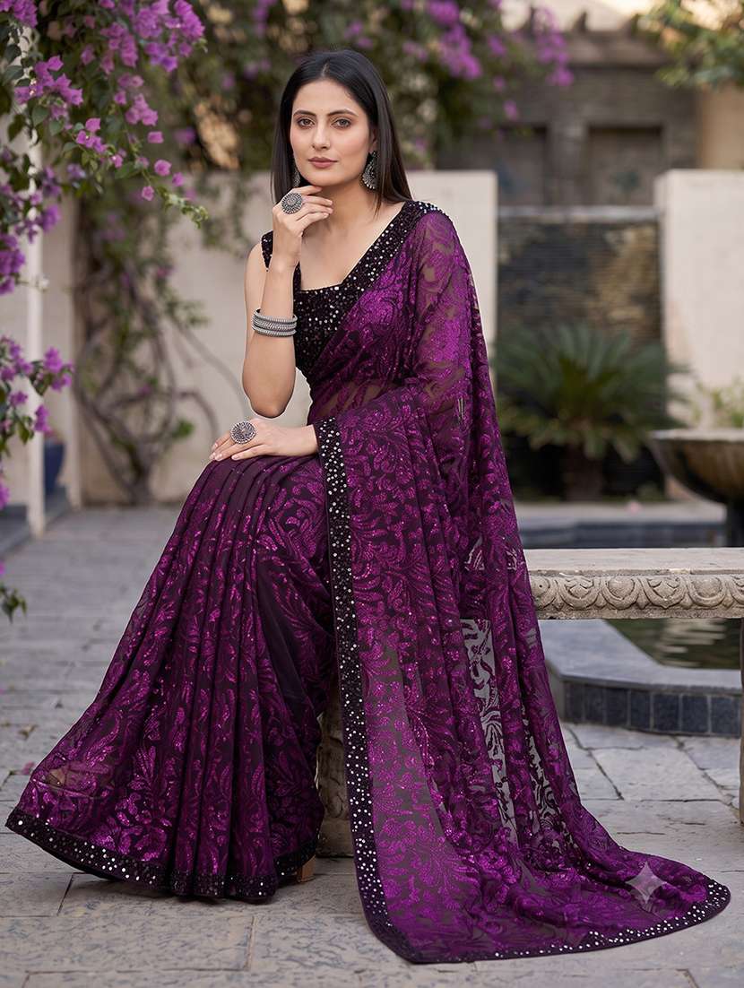 Purple Bordered Saree With Blouse - 21233505 -  Standard Image - 4