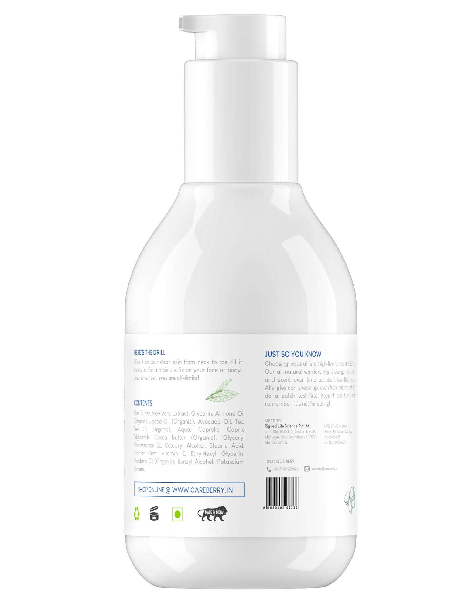 careberry's tea tree oil & shea butter nourishing body lotion for extra dry skin, ayush certified ayurvedic, 200ml - 21234212 -  Standard Image - 1