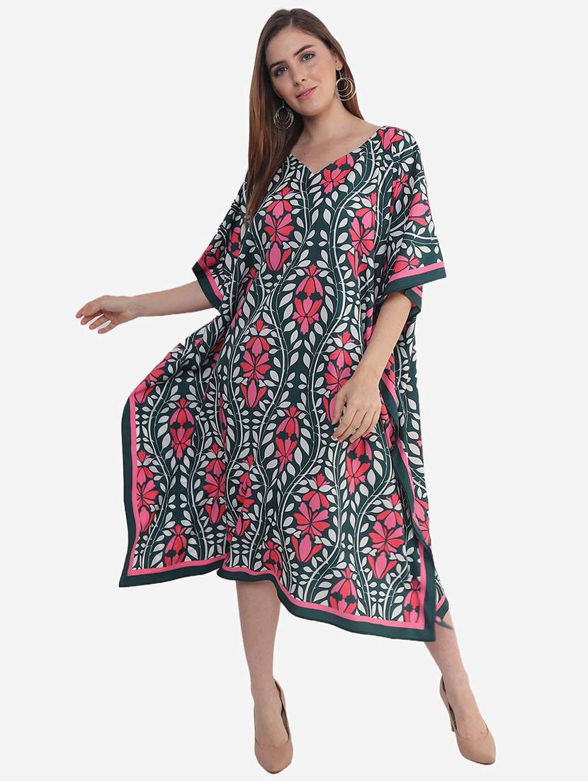 green cotton blend maxi kaftan - 21237282 - Zoom Image - 0