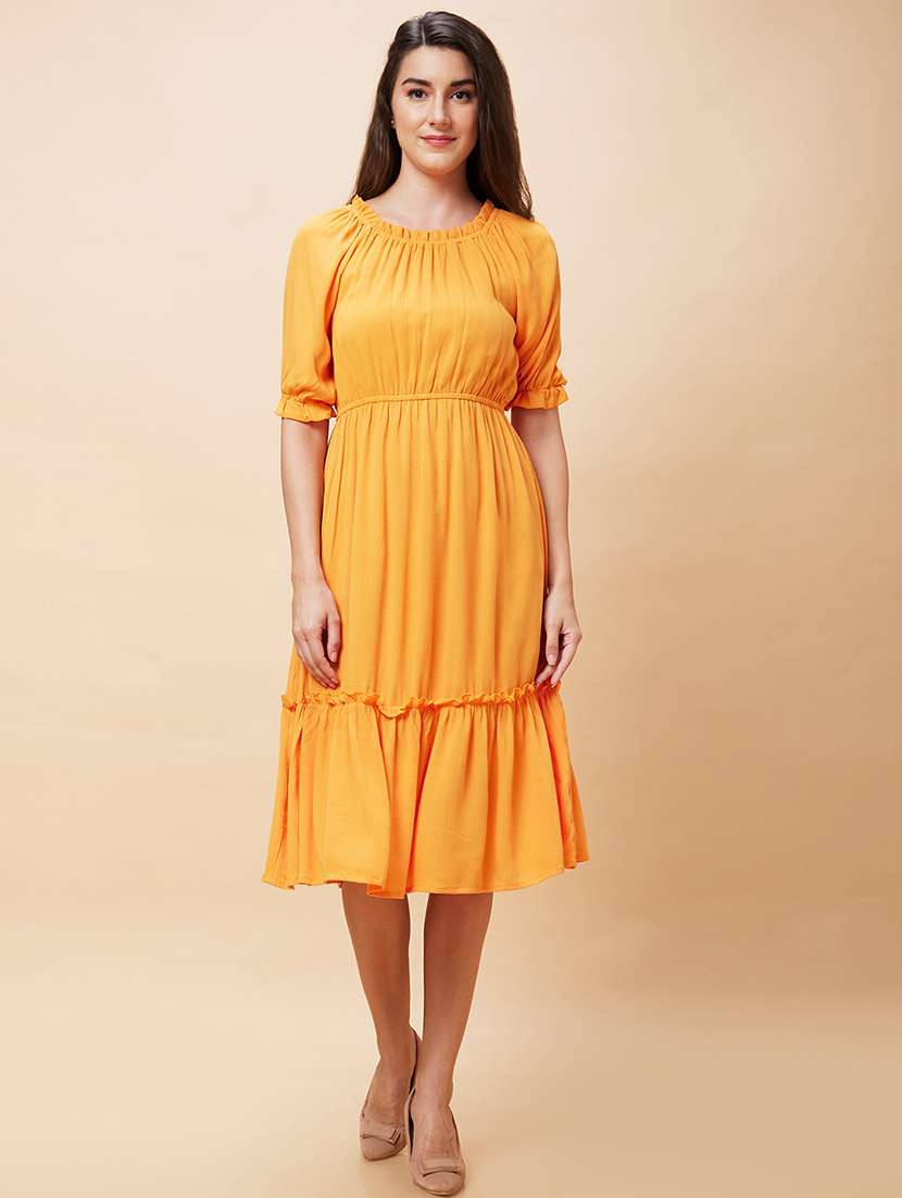 orange rayon fit & flare dress
