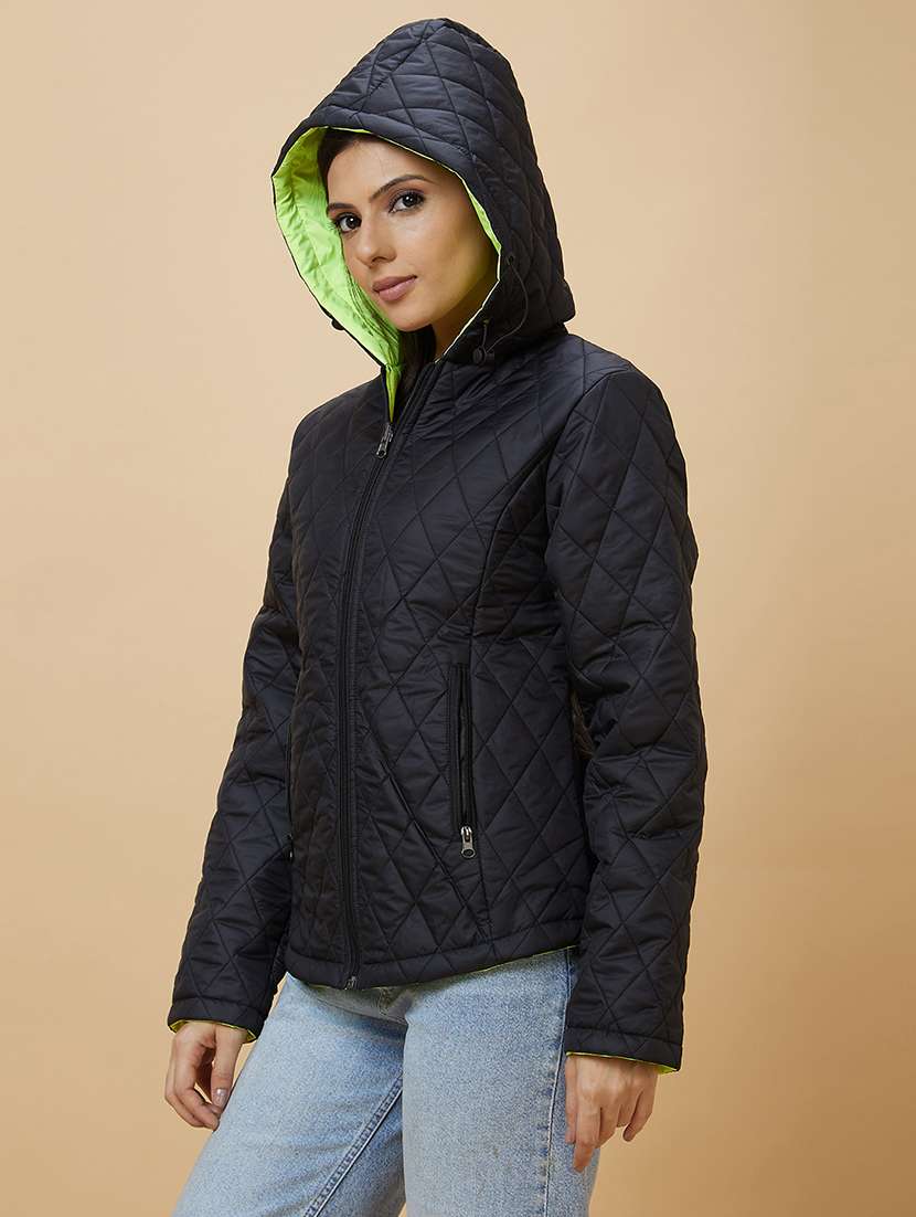 women solids quilted hooded neck jackets - 21237603 -  Standard Image - 1