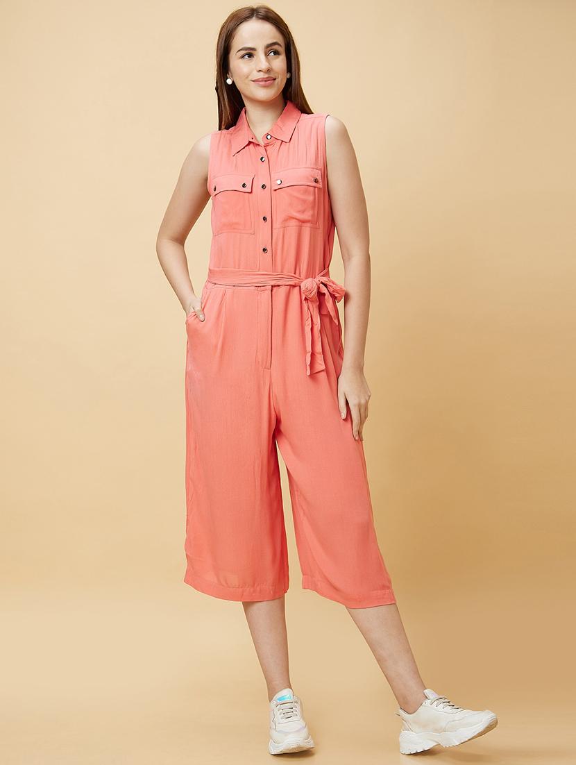 coral solid rayon calf length jumpsuit - 21237736 - Standard Image - 1