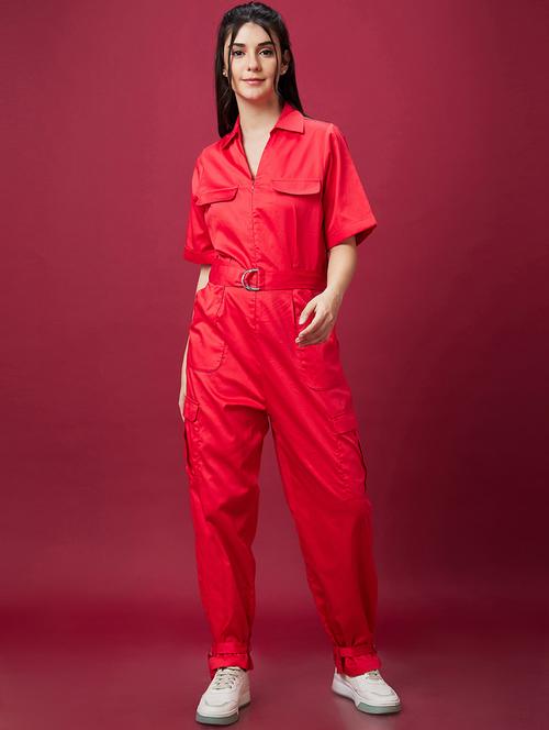 red solid cotton full leg jumpsuit - 21237737 - Standard Image - 0