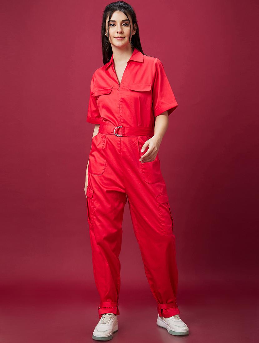 red solid cotton full leg jumpsuit - 21237737 - Zoom Image - 0