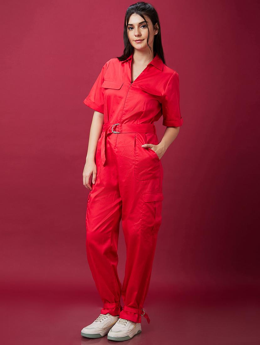 red solid cotton full leg jumpsuit - 21237737 - Standard Image - 1