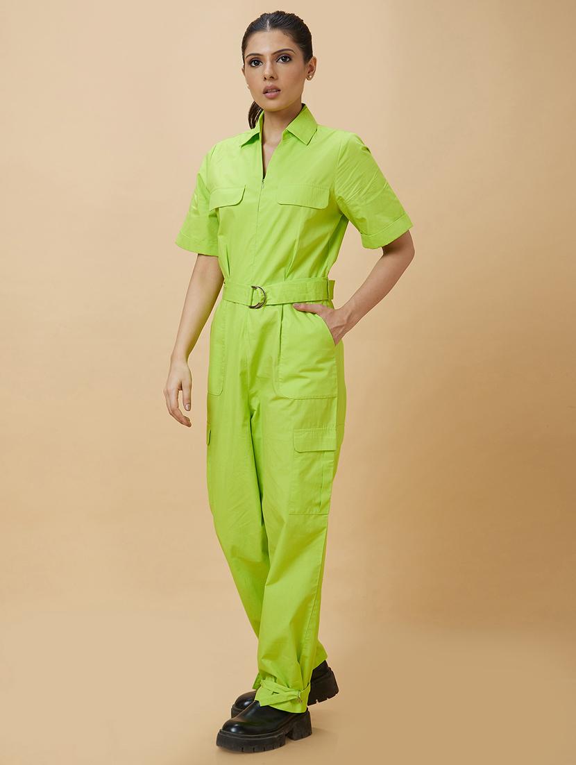 green solid cotton full leg jumpsuit - 21237738 - Standard Image - 1