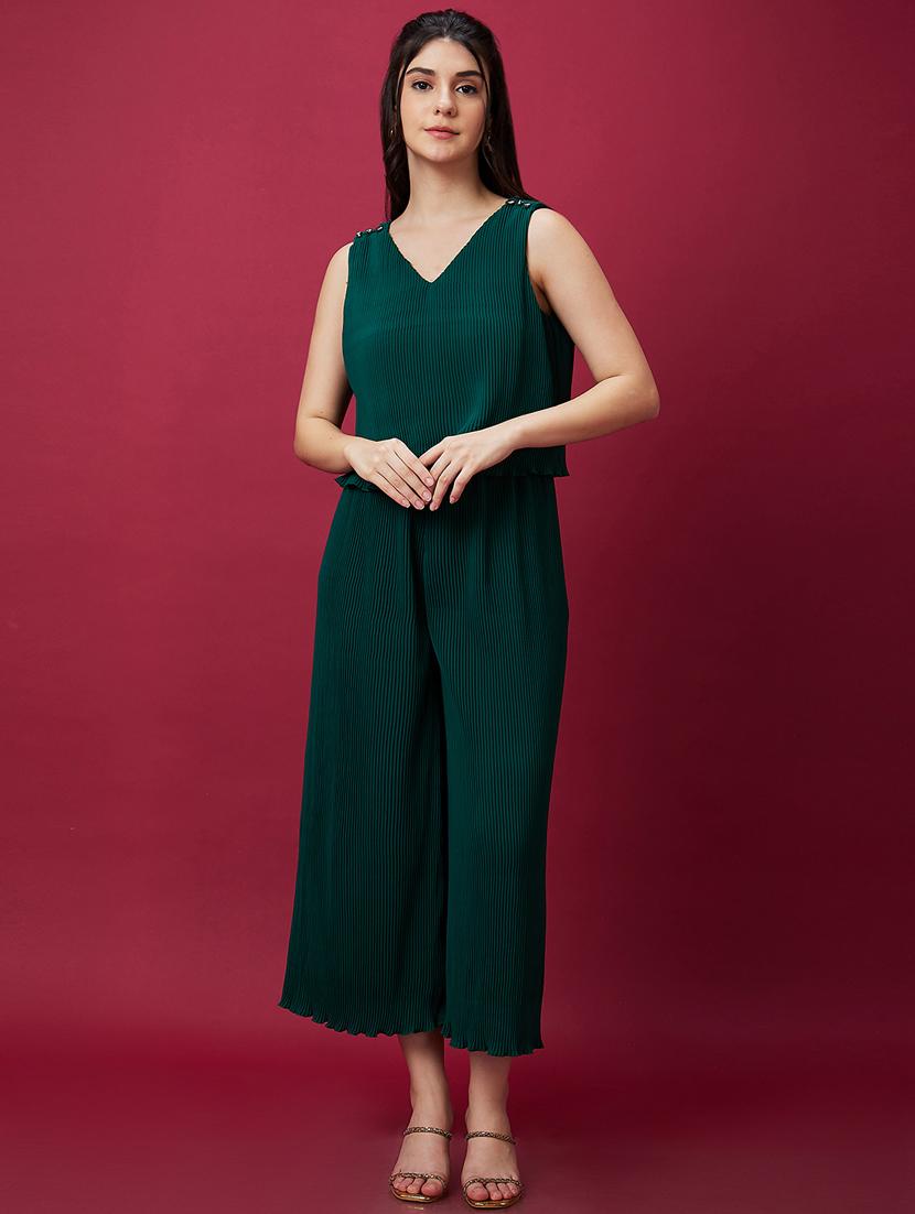 globus women green v-neck accordion pleats party jumpsuit - 21237743 - Standard Image - 1