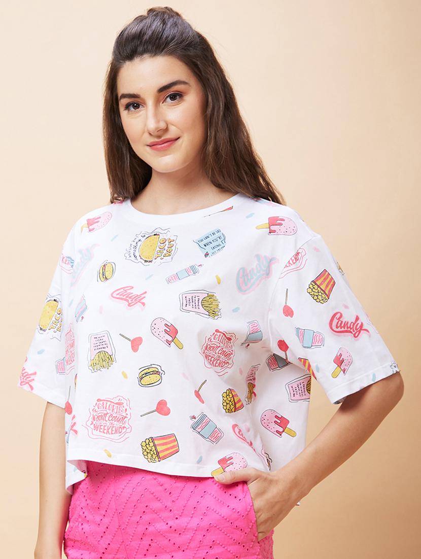 women round neck printed boxy t-shirt - 21237751 -  Standard Image - 1