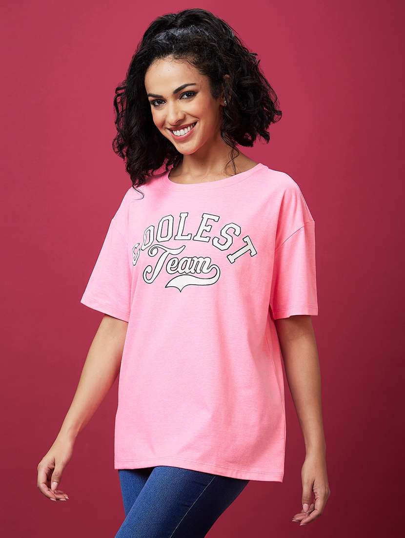 women round neck chest printed t-shirt - 21237769 -  Standard Image - 1