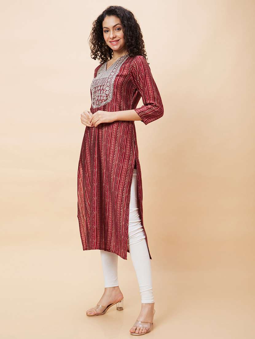 women three quarter sleeve straight kurta - 21237785 -  Standard Image - 1