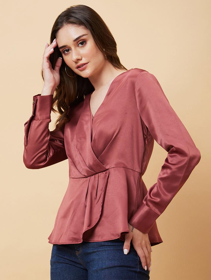 globus women dusty pink long cuffed sleeves v-neck wrap party top - 21237838 -  Standard Image - 1