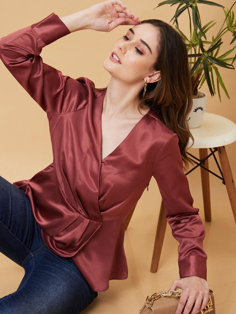 globus women dusty pink long cuffed sleeves v-neck wrap party top - 21237838 - Standard Image - 4