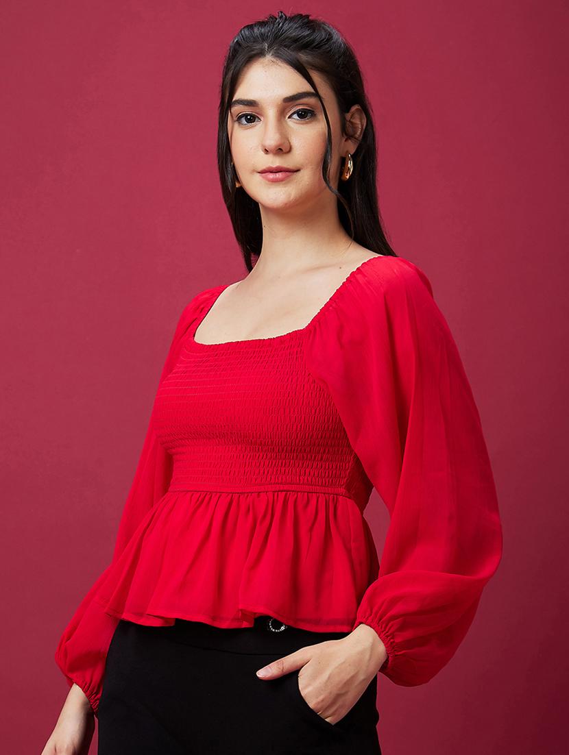 globus women red square neck bishop sleeve smocked peplum party top - 21237873 - Standard Image - 1