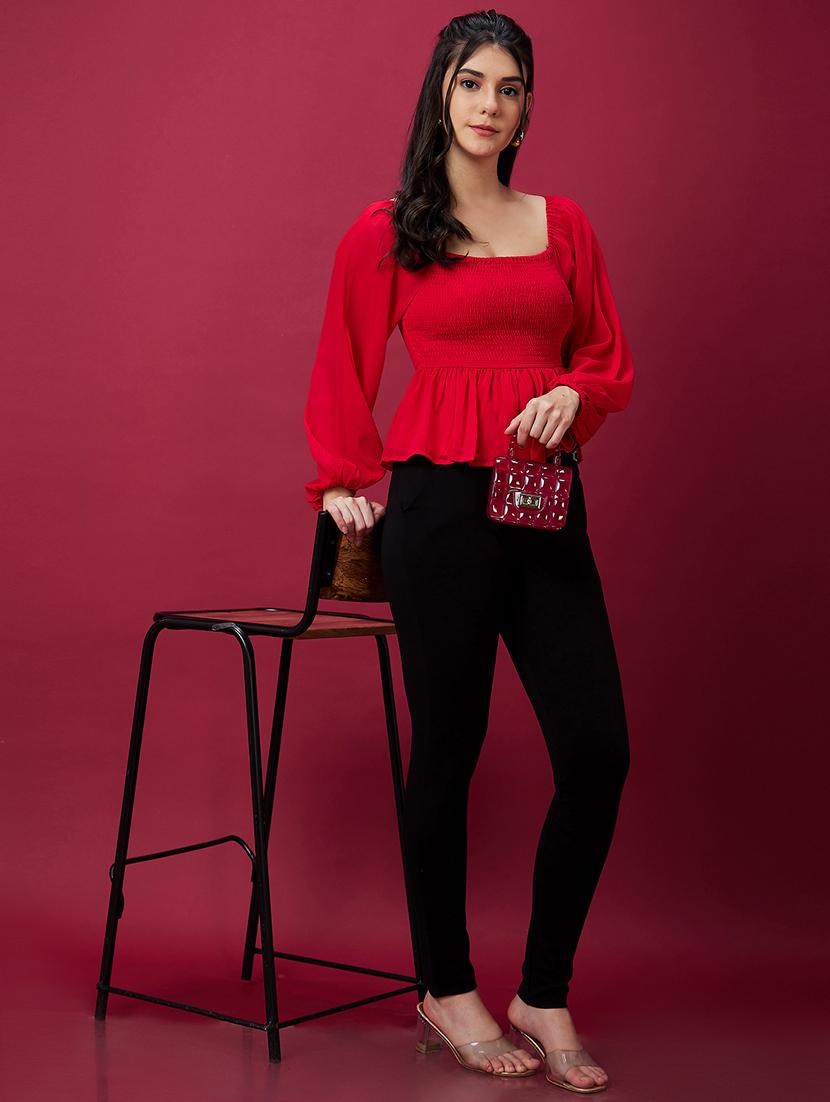 globus women red square neck bishop sleeve smocked peplum party top - 21237873 - Standard Image - 4